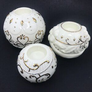Vintage 90s Otagiri 3 Round Porcelain Tea Light Candle Holders Gold Accent